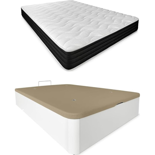 Duérmete Online DUÉRMETE ONLINE Memory Foam Reversible Pocket Mattress with Folding Wooden Bed Large Capacity Wood Polyurethane 135 x 190 cm