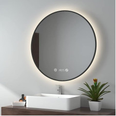 Emke LED Bathroom Mirror Round F80 cm Mirror with Lighting Round Bathroom Mirror Black with Touch, Anti-Fog, Clock, Temperature, Dimmable, Memory Function, Neutral Light Bathroom Mirror