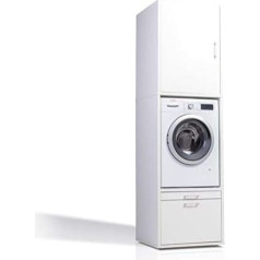 Waschturm • Washing Machine Cabinet with Cabinet Attachment • H x W x D: 233 x 67 x 65 cm • Drawer & Pull-Out Board • TÜV Certified • White