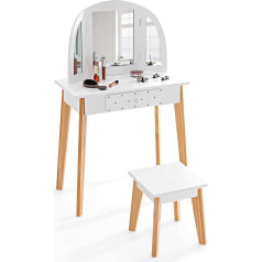 Goplus Dressing Table Set for Children, Children's Makeup Table with Stool Made of Wood, Triple Folding Mirror, 2-in-1 Dressing Table with Drawer, Cosmetic Table Set for Girls for Children's Room (Wh