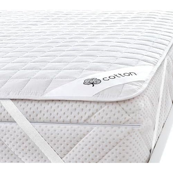 Fh Fam' Home Home Cosiness Fam Home Cotton Touch Mattress Protector, Natural and Breathable Mattress Topper, Practical and Durable Mattress Protector, Hygienic All-round Cover, Optimum Anti-dust Mite Cover