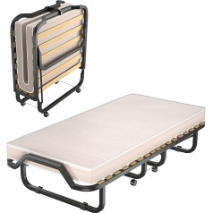 Costway 90 x 200 cm Guest Bed with Memory Foam Mattress, Foldable Single Bed, Sturdy Metal Bed up to 120 kg, Folding Bed on Wheels, Folding Bed for Office & Guest Room, Portable Bed (Beige)