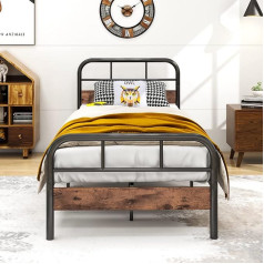 ‎Homerecommend HOMERECOMMEND Modern Metal Bed Frame with Slatted Frame with Wooden Headboard and Footboard Heavy Duty Metal Platform Bed Frame Solid and Stable 90 x 200 cm Black / Rustic Brown