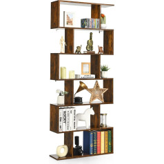 Giantex Bookcase, 6 Levels, Standing Shelf, Office Shelf, Wood, Filing Shelf, Freestanding, Exhibition Shelf, Storage Shelf, Slim Industrial Design, Wooden Shelf, All-purpose Shelving in S Shape