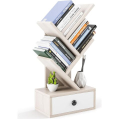 Homasis Tree Shaped Bookcase, Small Standing Shelf with Drawer & 4 Shelves, Modern Wooden Shelf for Books, CDs, DVDs, Storage Shelf for Study Room, Office, 30 x 17.5 x 60 cm (Beige)