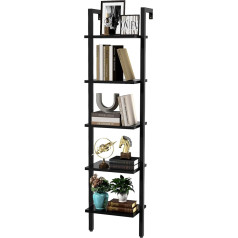 Ymyny 5 Tier Ladder Shelf, Bookcase, DIY Standing Shelf, Wooden Shelf, Metal Frame, Wall Mounted, for Books, Decoration, Plants, for Living Room, Office, Balcony, Black HBC015B