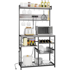 Homekoko Kitchen Baker's Rack with Sockets and Movable Hooks, 3-Tier Microwave Stand with Storage for Utensils, Industrial Kitchen Storage Racks with Wine Rack and Basket (Greige)