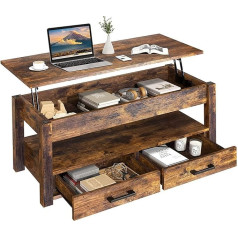 Fabato Lift Top Coffee Table with 2 Storage Compartments Drawer Hidden Compartment Open Storage Compartment for Living Room Folding Wood Side Table Rustic Brown