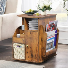 Toocust Drehbarer Beistelltisch für Wohnzimmer, Multi-Stauraum, Beistelltisch mit Zeitschriftenständer, Korb und Schrank, Sofa-Beistelltische mit offenem Regal, drehbarer Nachttisch für Schlafzimmer