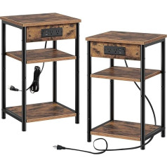 Rolanstar Side Table with Charging Station, 3-Tier Narrow Bedside Table with Shelf, Slim Side Table with USB Ports and Sockets, Steel Frame for Living Room, Bedroom, Rustic Brown, Pack of 2