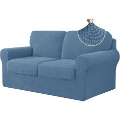 ‎Chun Yi CHUN YI 5 Piece Stretch Sofa Cover, 2 Seater Couch Slipcover with Two Separate Backrests and Cushions with Elastic Band, Checked Spandex Jacquard Fabric (Medium, Denim Blue)