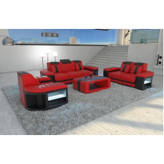 Sofa Dreams Bellagio 3-2-1 Leather Sofa Set with Lighting Modern 3 Seater 2 Seater and Armchair (with LED Light, Black/Red)