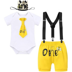 FYMNSI Baby Boys First Birthday Party Outfit Cotton Short Sleeve Romper + Shorts + Y Shape Braces + Hat 4-Piece Clothing Set