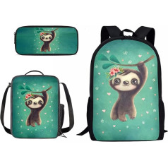 Kuiaobaty 3 in 1 School Bag Set for Girls and Boys with Lunch Bag, School Bag for Secondary School, Cute Sloth, Modern