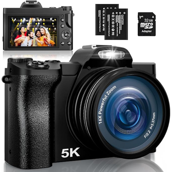 Digitalkamera 5K, 48MP 16X Digital Zoom Fotokamera mit 32G SD-Karte, Autofokus WiFi Kompaktkamera 6 Achsen Stabilisierung Reisekamera mit UV-Filter und 2 Akkus für Anfänger, Kinder, Vloggen