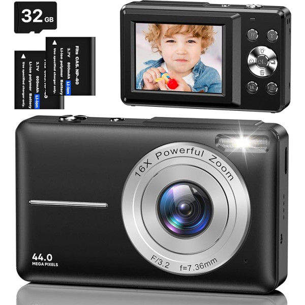 Digital Camera with 32 GB Card, 1080P FHD 44MP Children's Camera 2.4 Inch LCD 16X Digital Zoom Compact Camera, Portable Camera with 2 Batteries, Camera for Children, Teenagers, Beginners (Black)
