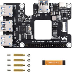 Waveshare PCIe to USB 3.2 Gen1 HAT+ Expansion Card for Raspberry Pi 5, PI5 Adapter Board, 4 USB Ports, 1-to-4 High-Speed USB Ports, HAT+ Standard, with Power Monitoring Chip & Fan Vent, Plug and Play