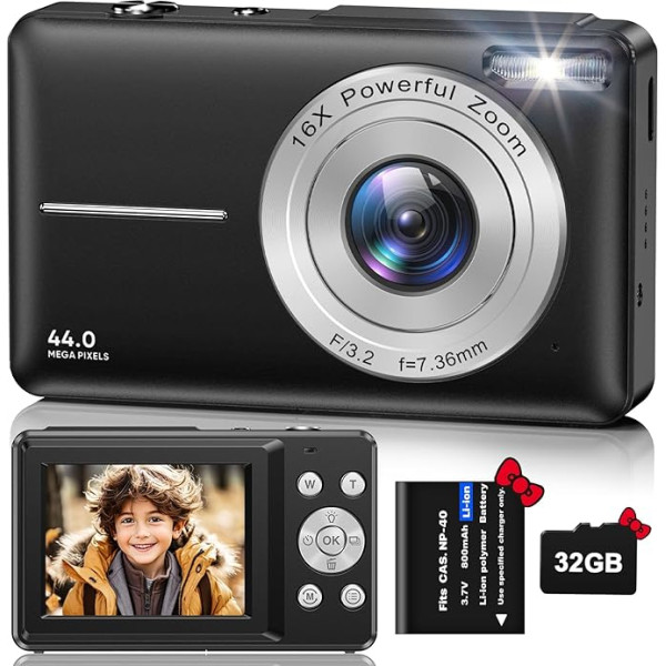 Digitalkamera Fotokamera HD 1080P 44MP, Fotoapparat mit 32GB Speicherkarte, Wiederaufladbare Kamera fotokamera mit 16X Digitalzoom digicam für Kinder, Erwachsene, Mädchen, Jungen(Schwarz)
