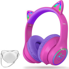 LOBKIN Bluetooth 5.3 Children's Headphones with Bag - RGB LED Light Cat Ears Foldable Stereo Headset Support Wireless and 3.5 mm Cable - Children's Headphones on Ear for Girls Boys Toddlers