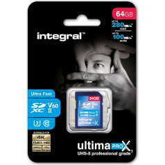 Integral 64GB UHS-II SD-Karte v60 Bis zu 280MB/s Lese- und 100MB/s Schreibgeschwindigkeit SDXC Professional High Speed Speicherkarte