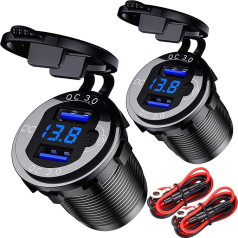 USB Socket 12 V Car Waterproof Car Charger 36 W Metal Quick Charge 3.0 Motorhome Cigarette Lighter Socket Adapter USB Socket with Switch LED Voltmeter for Motorcycle, Caravan, Truck, Pack of 2