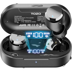 TOZO Tonal Dots Bluetooth Headphones in Ear 5.3 Built-in ENC Noise Cancelling Mic, 55 Hours Playtime LED Digital Display with Wireless Charging Case, App Control Immersive Premium Sound Black