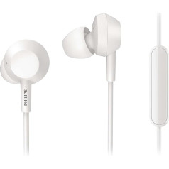 Philips Audio E4105WT/00 In-Ear Headphones with Microphone (Bass+, Built-in Remote, 10mm Neodymium Driver, 3 Interchangeable Ear Plugs Caps, 1.2m Cable), White, One Size, TAE4105WT/00