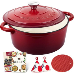 Overmont Cast Iron Casserole Pot 26 cm - Enamel Roasting Dish with Lid Oven Safe - with Cookbook - for Kitchen Baking Braising Roasting Red