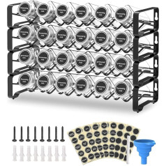 Bomclap Spice Racks with 24 Empty Square Spice Jars, Spice Rack Organiser Spice Labels with Chalk Marker and Funnel Complete Set for Worktop, Cabinet or Wall Mount (4 Tiers)
