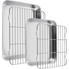 Pack of 2 Baking Trays with Cooling Rack, Stainless Steel Baking Mould Oven Tray (2 Pans + 2 Grids), Rectangular Oven Tray with Kitchen Grid, Non-Toxic, Healthy, Rustproof, Easy to Clean Cake Tray