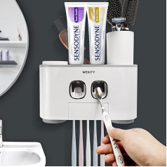 Wekity Toothbrush Holder, Multifunctional Toothbrush Holder Wall and Toothpaste Squeezer Kit with 5 Toothbrush Slots, 2 Automatic Toothpaste Dispensers and 4 Cups, Grey