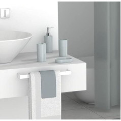 FurnitureXtra 7 Piece Plastic Bathroom Accessory Set, Soap Dish, Toothbrush Holder, Soap Dispenser, Tumbler, Shower Curtain, Curtain Rings and Bath Mat (Grey)