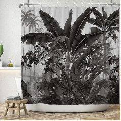 ASDCXZ Jungle Shower Curtain, 180 x 180 cm, Black Hand-Painted Tropical Plants Leaves Washable Bathroom Shower Curtains Polyester Textile Waterproof Shower Curtain for Bathtub with 12 Shower Curtain