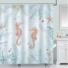 Bonhause Shower Curtain 180 x 180 cm Beach Seahorse Starfish Coral Shower Curtains Anti-Mould Waterproof Polyester Fabric Washable Bathroom Curtain for Bathroom with 12 Hooks