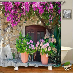 YUAOEUR Italian Outdoor Shower Curtain View of Stone Wall House with Flower Pot Red Purple Flower in Italy Rural City Garden 3D Picture Bathroom Decor Fabric with Hooks Green Beige