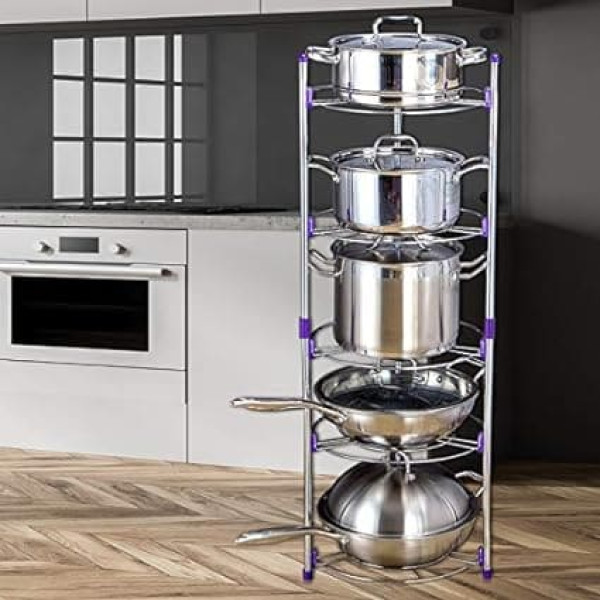 Labtec Pan Holder Stainless Steel 5 Tiers Pot Organiser Pans Organiser Height Adjustable Pan Rack Robust Pot Rack Freestanding Pan Stand for Kitchen Corner