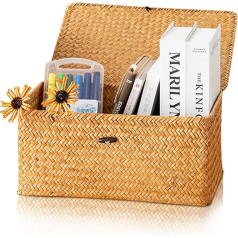 Woven Rattan Storage Basket, Pilipane Basket with Lid, Wicker Baskets, Natural Seagrass Storage Basket, Woven Rectangular Shelf Basket, Desktop Organiser(S), Seagrass Storage