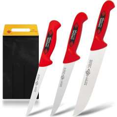 EIKASO Solingen Butcher Knife Set, Slaughter Knife Set, 3-Piece Professional Knife Set Made of Molybdenum Steel, 1.4116, Ice-Hardened with Non-Slip Handle for Professionals and Private Use (Red)