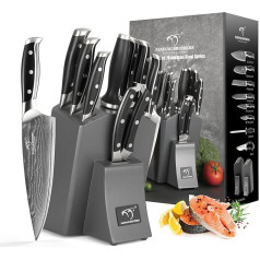 Professionelles Japanisches Damaszener Stahl Küchenmesser Set 9 Teile mit Holzblock, beinhaltet Kochmesser, Brotmesser, Santoku Messer, Allzweck- und Schälmesser, alle in einer Geschenkbox Grau