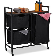 Relaxdays Laundry Basket Rack, 3 Extendable Compartments, Rollable Laundry Rack, Laundry Hamper, Industrial Design, Black/Brown