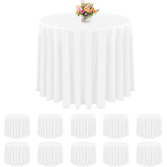 Pack of 10 Premium Plastic Round Tablecloth 84 Inch Disposable Circle Tablecloths White Tablecloths PEVA Waterproof Tablecloths up to 6 Feet for Party Fine Dining Outdoor Weddings (White)