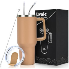 Livole 40 oz 1200 ml Drinking Cup with Lid and Straw, Stainless Steel Thermal Mug with Handle, Double-Walled Coffee Mug to Go, Vacuum Insulated Tumbler Cup for Camping, Sports, Car, Office, Camel