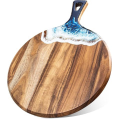 Acacia Wood and Resin Chopping Board with Handle Wooden Chopping Board Round Paddle Pizza Plate Chopping Board for Meat Bread Cutting Blocks Pizza Circle Carving Housewares Gift