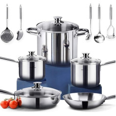 HOMI CHEF 14-Piece High Polished Nickel-Free Stainless Steel Cookware Set, 1 Frying Pan, 1 Saute Pan, 1 Stockpot, 2 Sauce Pans and 5 Accessories, Induction Ready Cookware