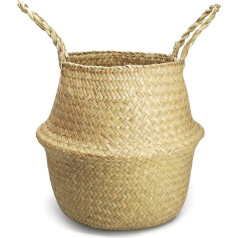 Natural Seagrass Basket, Foldable Seagrass Flower Basket, Hand-Woven with Handle, Storage Basket, Laundry Basket & Toy Basket, Beach & Picnic, for Living Room, Bathroom, XL (36 x 32 cm / 14.2 x 12.6