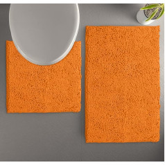 LuxUrux Bathroom Rugs Luxury Chenille (2-Piece) Bath Mat Set, Soft Plush Non-Slip Bath Rug + Toilet Mat, 1 Inch Microfibre Shaggy Rug, Super Absorbent, Orange, Curved Set