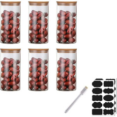 Rummyluck Airtight Storage Jars Glass Set of 6 with Bamboo Lids for Spices/Beans/Powder/Sugar/Spaghetti (10 x 20 cm, 1300 ml)