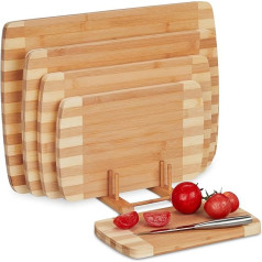 Relaxdays Chopping Boards with Stand, 5 Kitchen Boards in Various Sizes up to W x D: 50 x 35 cm, Bamboo Chopping Boards Natural