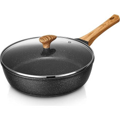 D.Perlla Frying Pan with Glass Lid, Diameter 28 cm, Height 8 cm, Non-Stick Pan for All Types, Induction Compatible, Granite Coating High Edge Pan, PFOA-Free, Cast Aluminium Cooking Pan,