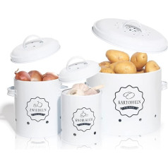 SYLANDO Storage potato set, storage container, potatoes, onion pot, potato pot, garlic pot, large storage container made of metal, white